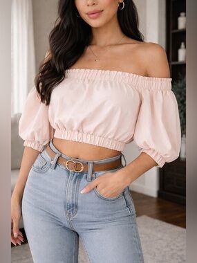 RAGA Cream Off-Shoulder Ruffle Crop Top